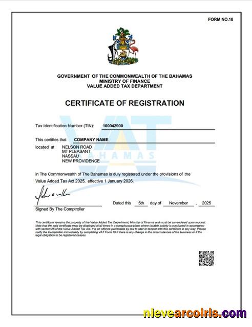 Bahamas VAT registration certificate